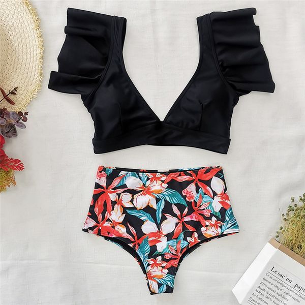 

leisure deep collar swimsuit ruffled plant print bikini multi color high waist swimsuits women wearable bikinis