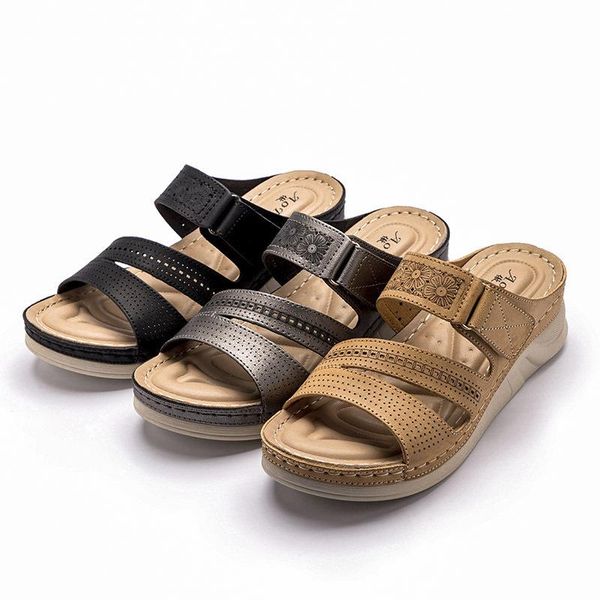

ladies sandals thick-soled wedge slippers stitching summer shoes open toe casual beach fashion all-match, Black