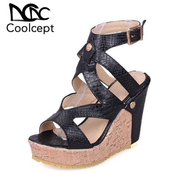 

coolcept designer wedges sandals women gladiator buckle platform shoes high heels party club footwear size 33-43, Black