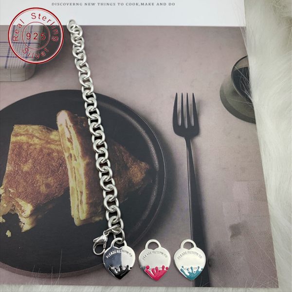 

original high version tif bracelet 100% sterling silver jewelry love heart enamel ladies string chain lj201020, Golden;silver