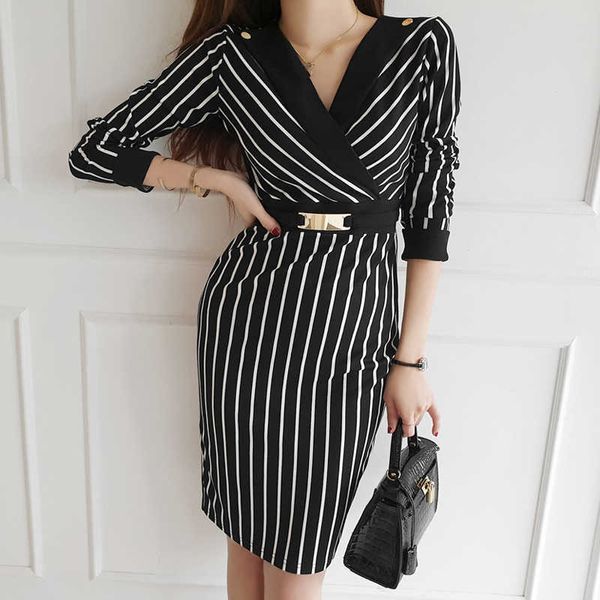 Womens Stripes Office Wear Autunno Abito sexy Manica lunga con scollo a V Guaina aderente Matita Abiti da lavoro 210529