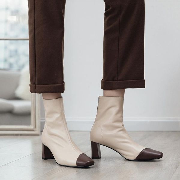 

boots niche design color matching cowhide short in autumn and winter of 2021 women's high heel square head 43 large, Black