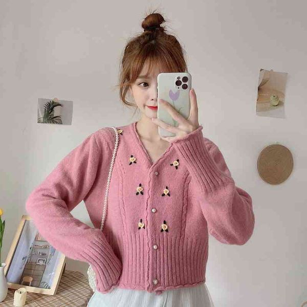 

korean cardigan women v neck single breasted crop sweater spring autumn ladies floral embroidery white short knitted 210602