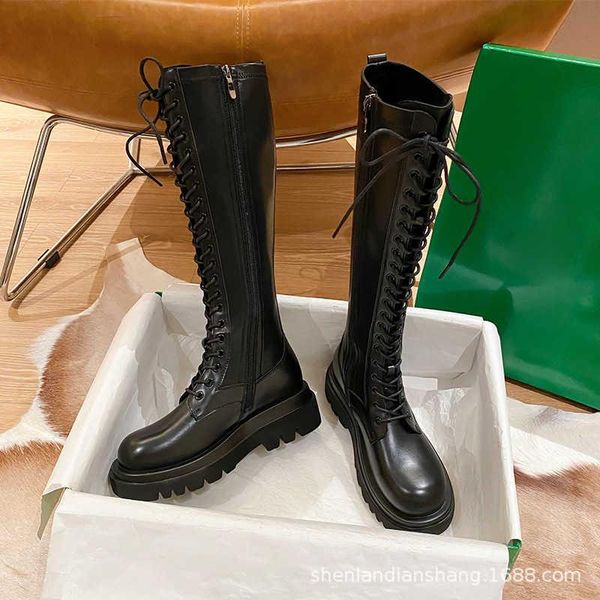 

boots leather thick soled elastic women's the knee, Black