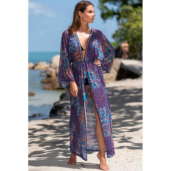 

purple bohemian printed long sleeve self belted tassel plus size beachwear kimono tunic women and blouses shirts q1237 women's &, White