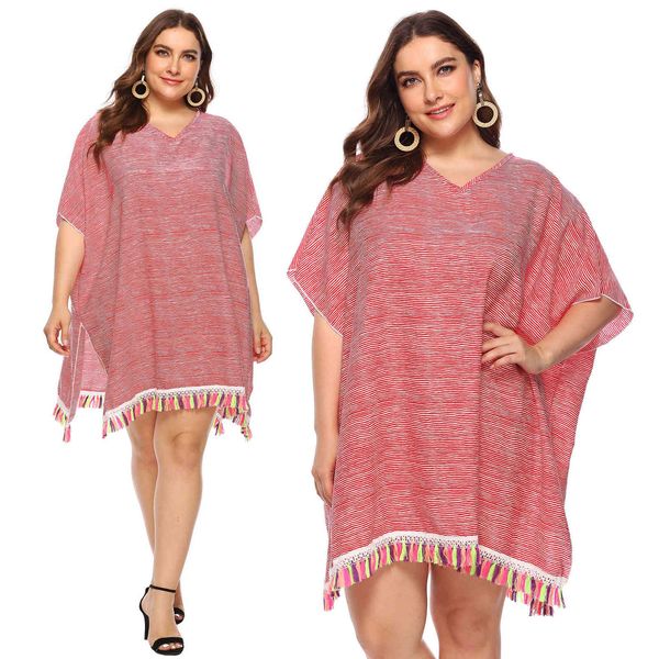 

women's plus size large red pinstripe color tassel stitching v-ne loose beach sunscreen blouse 405