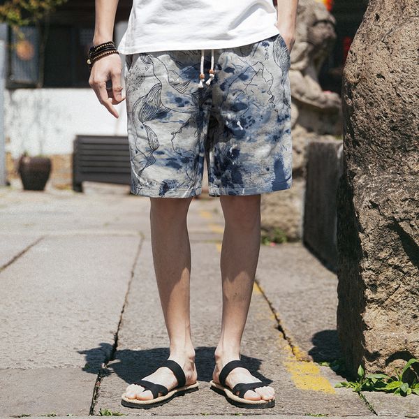 

a 997 beach pants flax male national wind restoring ancient ways popular logo summer flower shorts male loose big yards fatty 5, Blue
