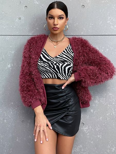 

open front fuzzy jacket j8n1#, Black;brown