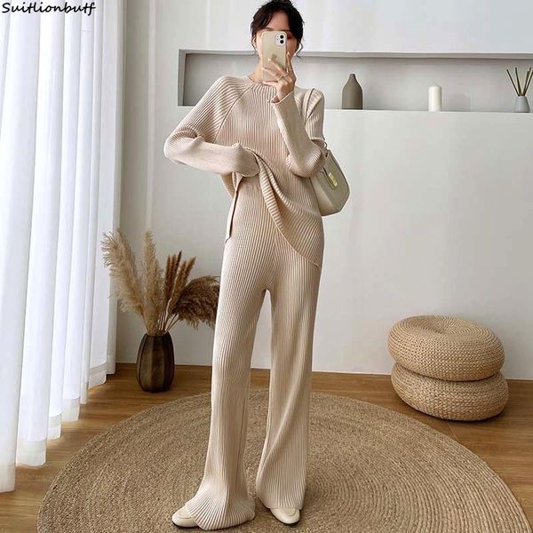 

women's two piece pants elegant vintage knitted 2 set women pullover slim long spliced sweater wide leg autumn korean chic suit 2021, White