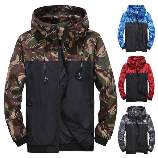 

men's jackets men's camouflage autumn and winter colorblock hooded jacket zipper cardigan windbreaker baseball, Black;brown