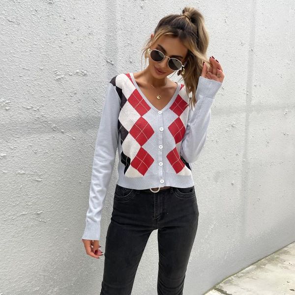 

women's knits & tees sweaters 3 colors argyle jacquard knitted spring autumn women v-neck single breasted cardigans fashion casual plai, White