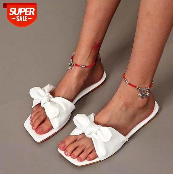 

plus size 43 solid single band cute bow-knot decor fashion flip fops beach slides shoes for women flat open toe summer slippers #ka6q, Black