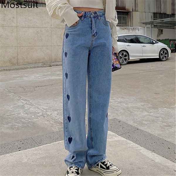 

hearts embroidered women denim jeans trousers high waist wide leg pants casual fashion vintage full-length 210514, Blue