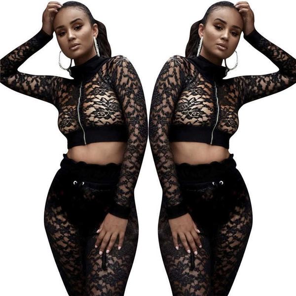 

nightclub black 2 set women sheer mesh lace short jacket and pants suits clubwear party two outfits, Black;white
