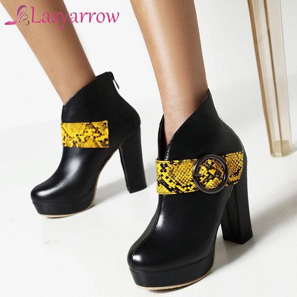 

boots lasyarrow 2021 autumn winter women ankle platform square high heel ladies short fashion buckle round toe boot, Black