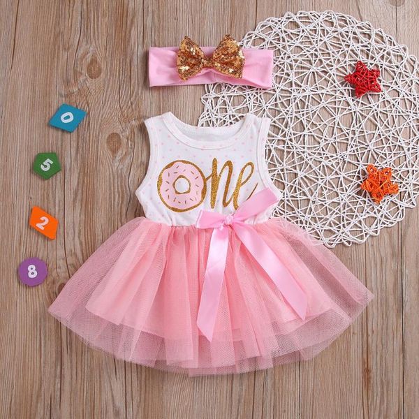 

girl's dresses summer baby girls tulle dress princess donut letters birthday party headband outfit 0-24 months infant clothing vestidos, Red;yellow