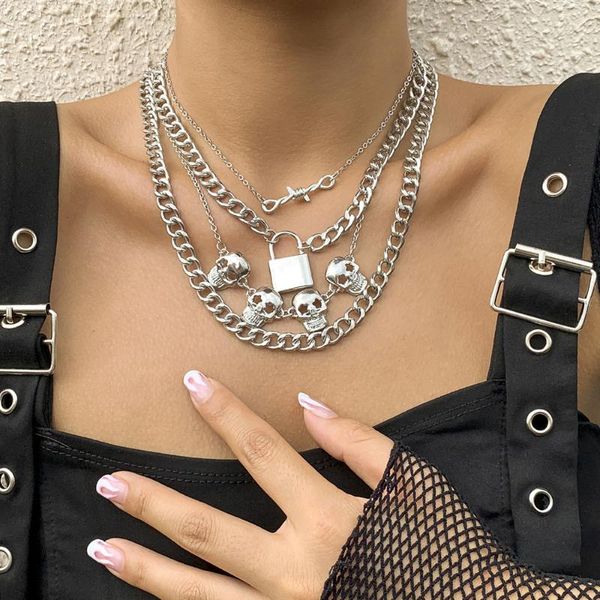 

chokers srcoi punk cool silver skeleton skull multilayer necklace metal lock double knot women hiphop halloween gifts, Golden;silver