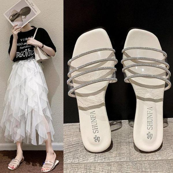 

rhinestone women flat slippers summer transparent flip-flops non-slip home flats slides casual female outdoor beach shoes sandal, Black