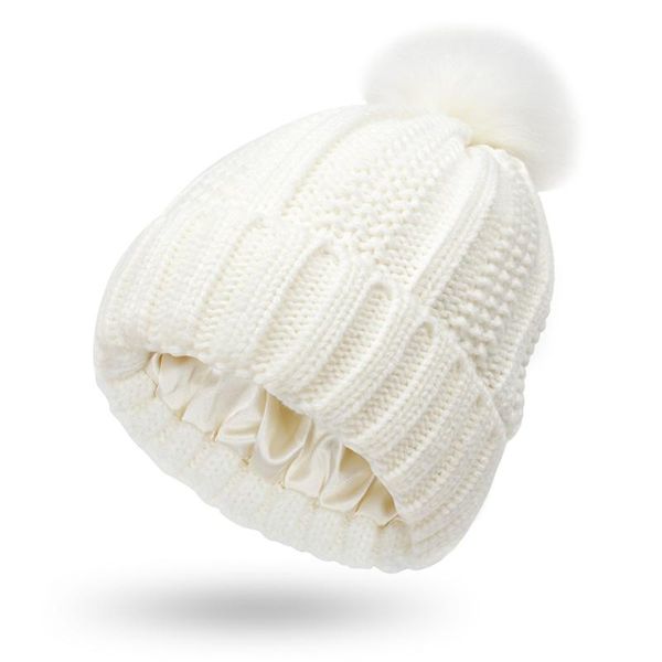 

beanie/skull caps europe and america ity satin knitted hat with pompon protect hairstyle silky elasticity winter for women loose warm, Blue;gray
