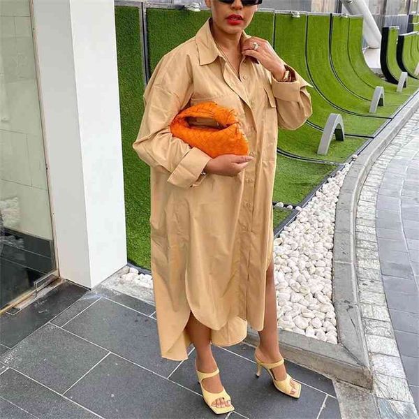 

women causal dress for work elegant office khaki single breasted turn down collar ankle length loose fashion business clothes 210510, Black;gray