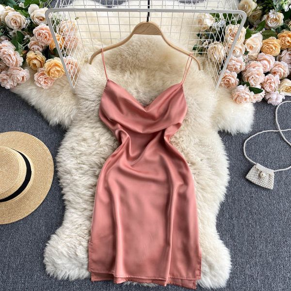 

elegant temperament mini dress for womens design collar party backless slim short satin suspender 210420, Black;gray