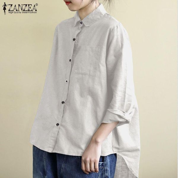

women's blouses & shirts plus size women long sleeve blouse autumn lapel neck pleated shirt solid female high low casual cotton linen, White