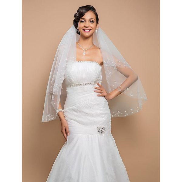 

bridal veils lan ting bride two-tier beaded edge wedding veil fingertip 53 pearl 27.56 in (70cm) tulle a-line, ball gown, princess, she, Black