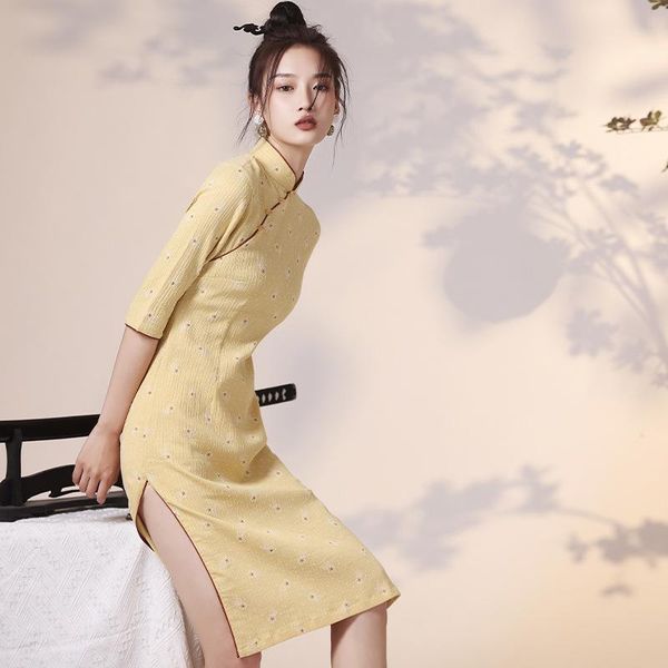 

yellow floral print vintage chinese traditional improved cheongsam party night elegant cotton dresses qipao ethnic clothing, Red