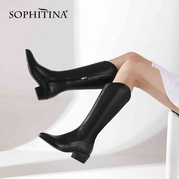 

sophitina classic women's western mid-calf cowboy boots pointed toe squar mid heel wide calf leather booties with zip po734 210513, Black