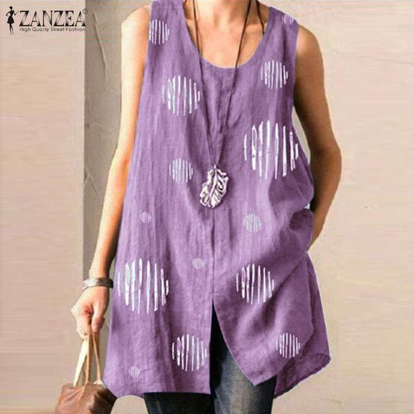 

women's blouses & shirts 2021 vintage summer tank zanzea printed blouse casual split asymmetrical female o neck blusas oversized tunic, White