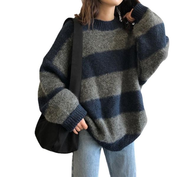 

women's sweaters women oversized thin sweater vintage striped loose pullover streetwear autumn knitted jumper femme 2021 sueter mujer, White;black