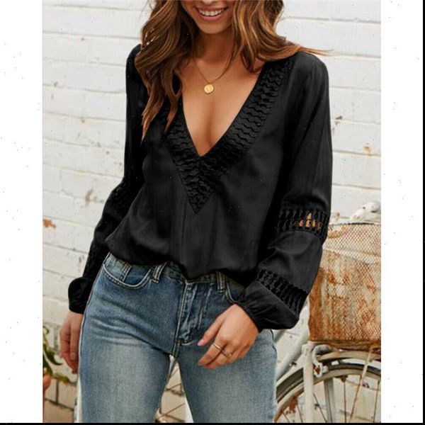 

elegant long sleeve solid womens shirt color deep v neck autumn female office shirts lantern, White