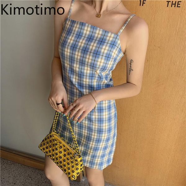 

kimotimo sling plaid women dress 2021 summer korean vintage vacation all-match slim hip sweet ins small fresh fashion casual dresses, Black;gray