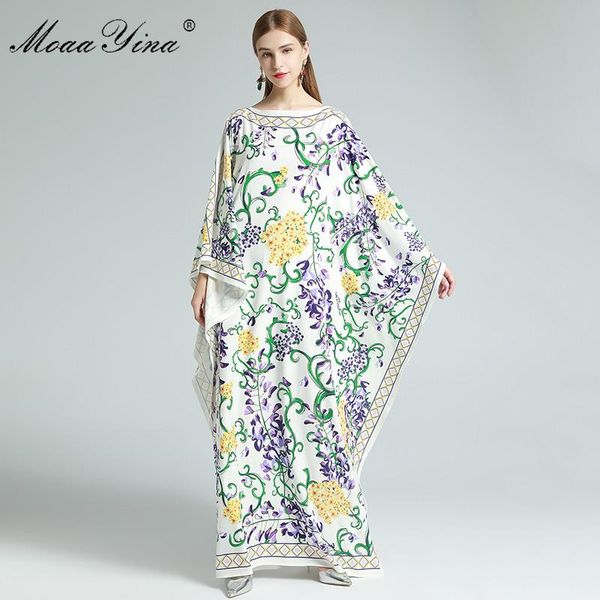 

casual dresses moaayina fashion designer dress spring women's batwing sleeve floral-print maxi loose robe, Black;gray