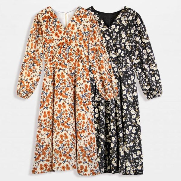 

women elegant v neck print floral dress elastic high waist midi long spring lantern sleeve casual plus size 5xl dresses, Black;gray