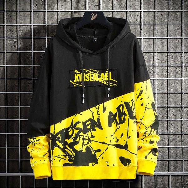 

high street print hoodie men patchwork hoodies mens hip hop hooded sweatshirt streetwear fashion for young men 210707, Black