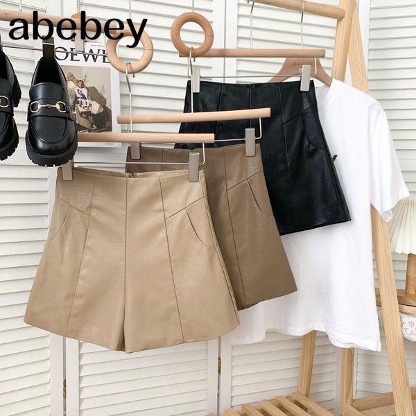 

women's shorts temperament versatile solid color pu leather high waist pleated simple casual wide leg 2021 spring autumn, White;black
