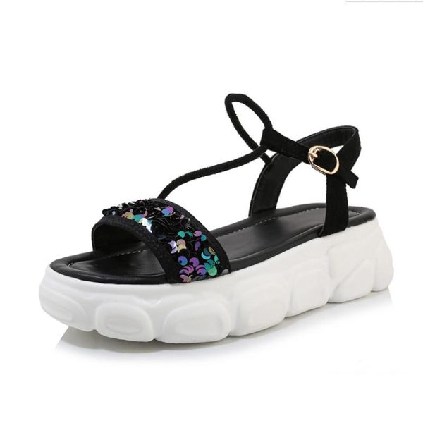 

fanyuan sandals sequins pu leather flock fashion ladies pumps platform buckle wedge heel summer women shoes size 34-43, Black