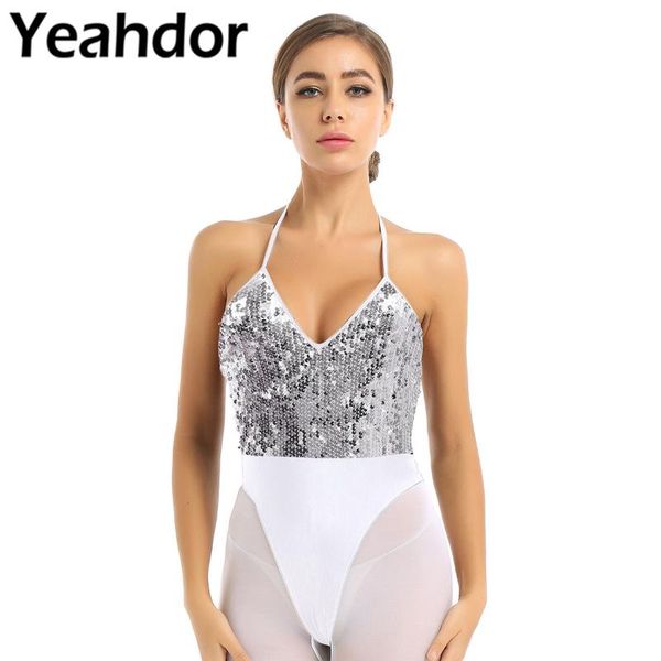 

womens fashion bodysuit shiny sequins one-piece halter deep v neck backless leotard sleeveless tank vest bodysuits tees women's jum, Black;white