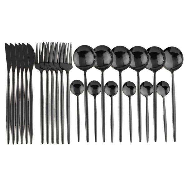 24 pcs puro ouro preto louça conjunto de casamento cutelaria conjunto 18/10 Jantar de aço inoxidável faca faca garfo Silverware atacado 210706