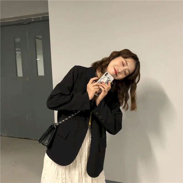 

new suits female vintage autumn office ladies notched collar bla women blazer breasted jaet casual poets female suits coat, Black