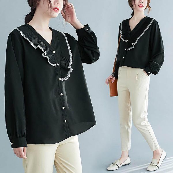 

women's blouses & shirts 150kg plus size autumn loose v-neck lace ruffled shirt bust 154cm 7xl 8xl 9xl 10xl pearl button cardigan black, White