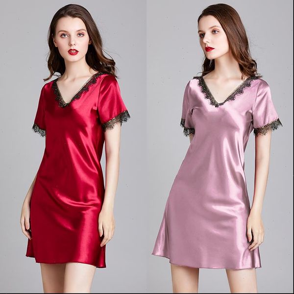

silk satin nightgown short sleeve womens sleepwears sleepshirt lace nightdress v neck sleepweawr fashion nightwear slim home clothing, Black;red