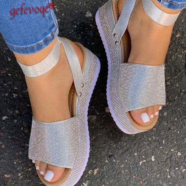 

sandals summer women's crystal shoes platform buckle straps beach casual stylish and comfortable plus size, Black