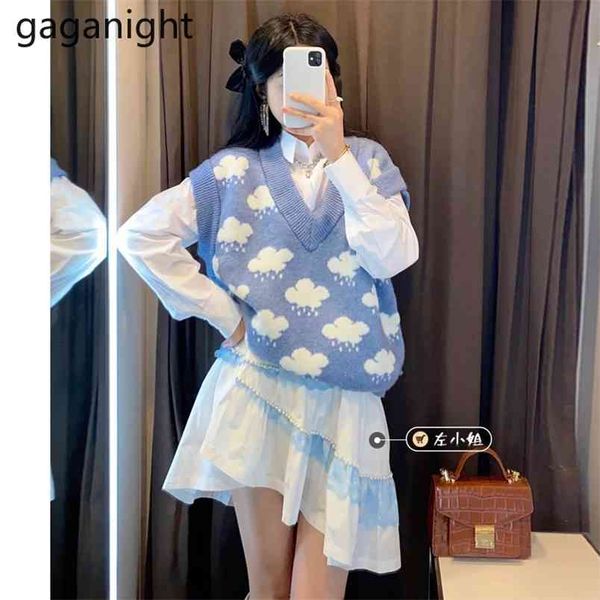

sweater vest women spring v-neck knitted korean cloud print leisure student sleeveless female harajuku tank 210601, White