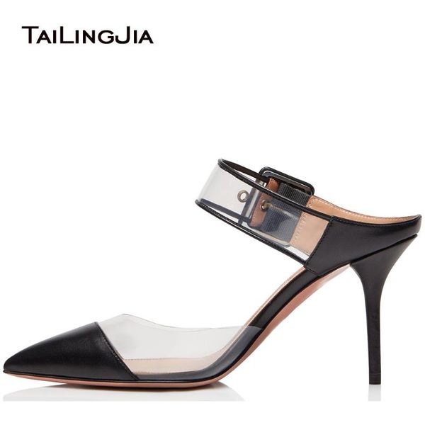 

slippers women elegant pointed toe high heel mules transparent pvc slingback buckle sandals dress shoes ladies summer heels mid 2021, Black