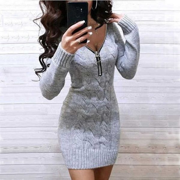 

fashion sweater dress ladies 2021 new fall winter v neck zipper warm knitted bodycon dresses elegant package hip mini dress y1006, Black;gray