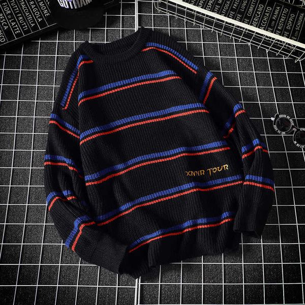 

men's sweaters black blue striped washed hole knit jumpers men women oversized sweater harajuku 8hmj, White;black