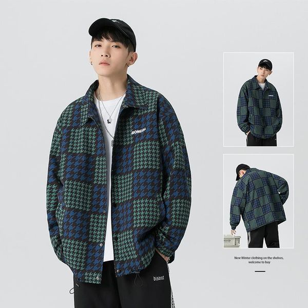 

men's jackets spring plaid jacket men turn-down collar outerwear fashion street harajuku houndstooth coats loose clothing male plus siz, Black;brown