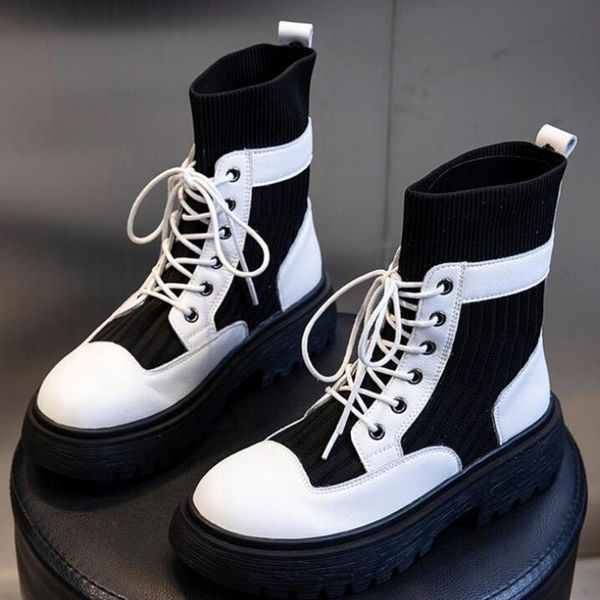 

boots women genuine leather 2021 autumn winter fashion stretch sock high-quality platform ankle ll541, Black